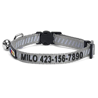 Pawtitas Personalized Cat Collar with Breakaway Safety Release Buckle Adjustable Length | Cat Collar with Custom Embroidered for Your Pet's Name and Phone Number | Grey Cat Collar with Removable Bell - color: Personalized Grey