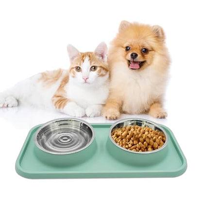 Double Dog Food Bowls Stainless Steel with No Spill Non Skid Silicone Mat Removable Dog Water and Food Bowls Set Durable Feeding for Small Dogs Puppy Cat Kitten(Blue) - color: 【Blue】