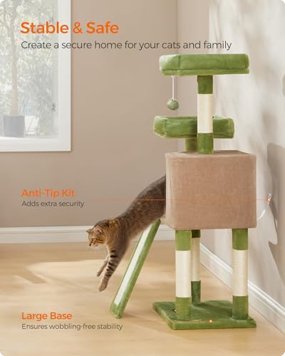 Feandrea Cat Tree, 45.3-Inch Cat Tower, Plush Condo with Scratching Post, Ramp, Perch, Spacious Cave, for Small Space, Grass Green and Camel Brown UPCT141CB03 - color: Grass Green + Camel Brown