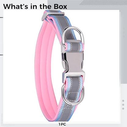 Large Dog Collar, Soft Padded with Space Cotton Lining, Reflective Design, Engraving Option, Light Blue and Variety of Colors