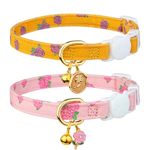 2 Pack Cotton Breakaway Cat Collar Yellow and Pink Rose Pendant Cute Kitten Cat Collar with Bell - color: Yellow Rose&Pink Rose