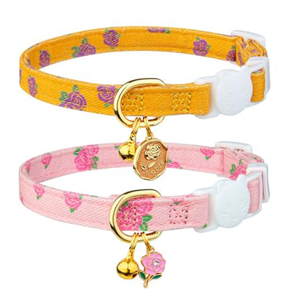 2 Pack Cotton Breakaway Cat Collar Yellow and Pink Rose Pendant Cute Kitten Cat Collar with Bell - color: Yellow Rose&Pink Rose