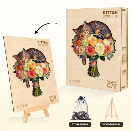Cat Flower Bouquet Puzzles Adults Gifts Wooden 80 Pieces 8.5 * 7.6in - color: A Cat Flower Bouquet, size: Small