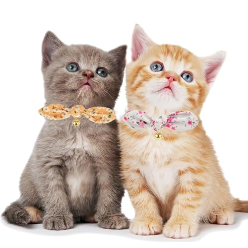 2 Pack Cotton Cat Collar, Removable Bowtie, Floral Pattern, Safety Breakaway Clasp, Adjustable for Cats.(Adult Cat, Yellow+White) - color: 2 Pack (Yellow+White)