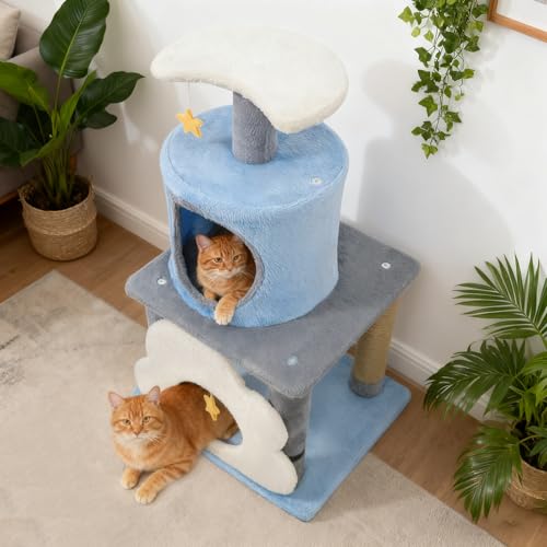 PETSITE 31.5-inch Cute Cat Tree, Multi-Level Small Cat Tree with Scratching Posts, Condo, Star-Shaped Dangling Toys, and Top Perch, Star, Moon & Cloud Elements Mixed, Ideal for Indoor Cats (Blue) - color: Blue