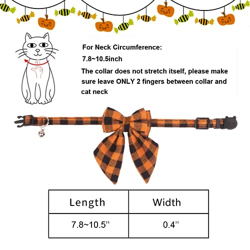 ADOGGYGO Halloween Cat Collars with Removable Bow Bell, 2 Pack Orange Purple Plaid Halloween Bowtie Collar for Cats Kittens - color: Orange&Purple-2