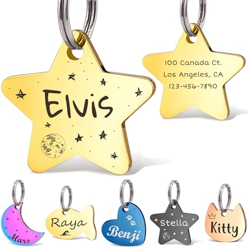 Anavia Small Size Dog Cat ID Tags, Small/XS Personalized Color Plated Stainless Steel Puppy Kitten Name Tags, Customized Engraved Nameplate Pet Collar Tag (Gold, Star) - color: Gold, size: Regular-Star