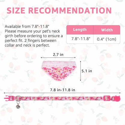 SCENEREAL Breakaway Cat Collar with Bandana Bell, Adjustable Pink Cat Collar for Girl Cats, Spring Summer Cute Kitten Collars - color: Pink Flower