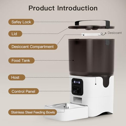 6L Automatic Cat Feeder with Camera, 1080P HD Camera Live Video, Night Vision 2-Way Audio, WiFi & App Remote Control, Programmable Pet Feeder, Smart Timed Dry Food Dispenser for Cat & Dog - size: Single Basin - 6L