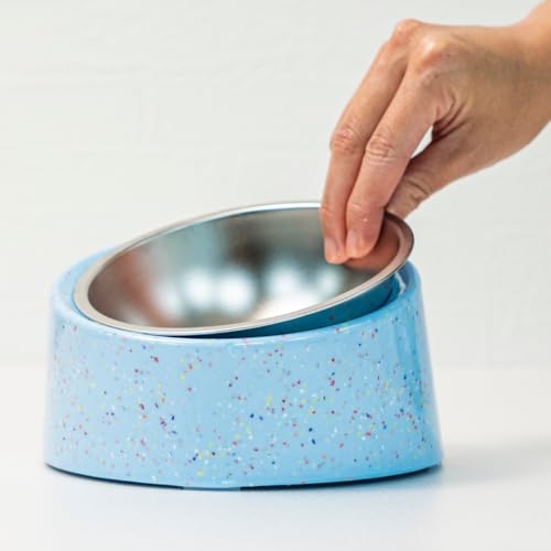 bzyoo 16oz Tilted Dog Bowl for Small Dogs & Cats, 15° Elevated Stainless Steel Pet Feeder, Ergonomic Anti-Vomiting Food Bowl for Frenchie, Pug, Persian Cat, Non-Skid Melamine Stand, Sprinkle (Blue) - color: Blue