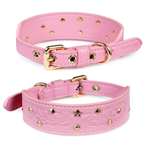 Blueberry Pet Premium Embossed Pink Glam Silver-Powered Freshness Microfiber Leather Dog Collar with Gold Studs - color: Pink, size: Small