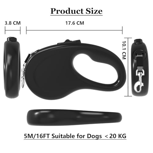 Retractable Dog Leash, 16Ft/5M Light Weight Retractable Leash for Small Medium Dogs/Cats Up to 50lbs, Strong Nylon Tape 360° Tangle-Free One-Hand Brake (Black) - color: Black