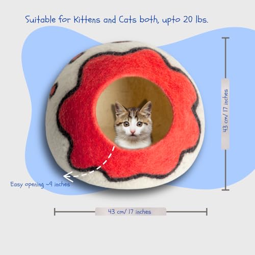 Premium Merino Wool Cat Cave Bed. Foldable, Eco-Friendly, Handmade Felt Kitten Bed and Covered Cat House (43x43cm). Hideaway Pod for Cats. Easy to Clean and Maintain. for Small to Medium cat. Red - color: Red