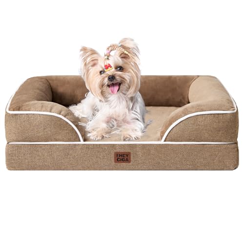 EHEYCIGA Orthopedic Dog Bed for Small Dogs, Waterproof Memory Foam Small Dog Beds with Sides, Non-Slip Bottom and Egg-Crate Foam Medium Pet Couch Bed with Washable Removable Cover, Camel - color: Camel, size: 24.0"l X 18.0"w X 6.0"th
