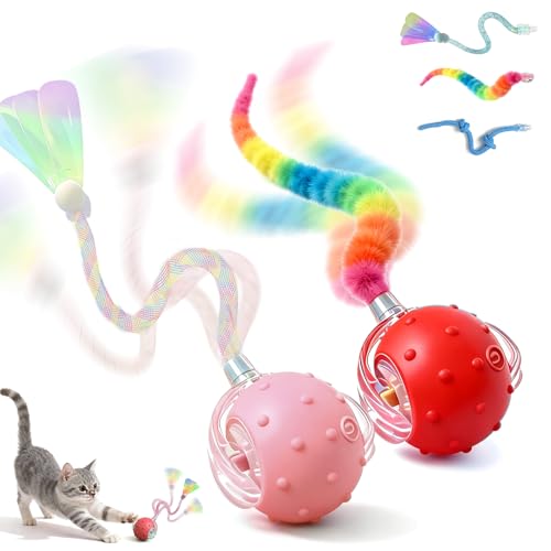 2 Pack Interactive Cat Toys for Indoor Cats with 3 Tails,Automatic Moving Kitten Toys,Cat Toys for Bored Indoor Adult Cats,Smart Rechargeable Cat Enrichment Toys for Cats to Keep Them Busy, Cat Balls - color: 1Red + 1Pink