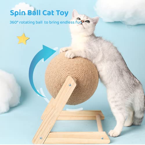 BATTIPAW Cat Scratcher, Rabbit Scratching Ball, Natural Sisal Scratcher, Spinning Cat Ball, Solid Wood Scratching Toy for Cats & Kittens, Indoor Interactive Pet Toy (Burlywood)