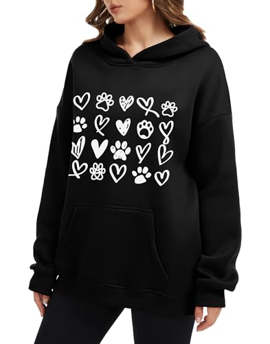 Womens Dog Paw Hoodie-Long Sleeve Pullover Fleece Lined Dog Mom Sweatshirts with Pocket - color: A-black, size: X-Large