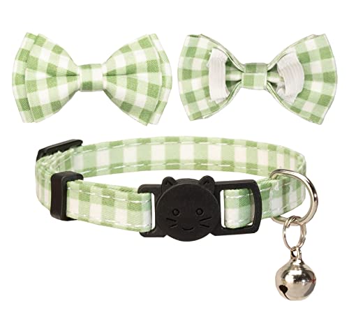 Cat Collar Breakaway Bowtie Safety with Bell Adjustbale Kitten Puppy Solid Plaid Color Set J-[2pcs] Green - color: J-[2pcs] Green