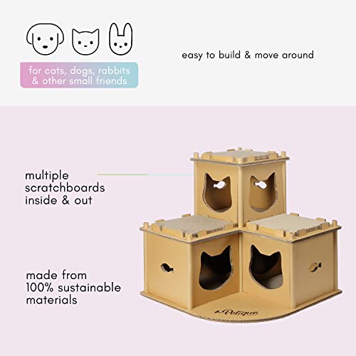 PETIQUE Feline Fortress Cat House: Eco-Friendly, Cat-Shaped Entrances, Fish-Shaped Handles, 7 Reversible Scratchboards, Lightweight, Easy Assembly, Sustainable, Compostable, Supports UP to 30LBS - style: Feline Fortress