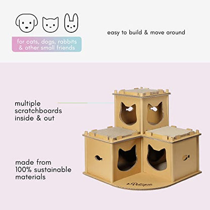 PETIQUE Feline Fortress Cat House: Eco-Friendly, Cat-Shaped Entrances, Fish-Shaped Handles, 7 Reversible Scratchboards, Lightweight, Easy Assembly, Sustainable, Compostable, Supports UP to 30LBS - style: Feline Fortress