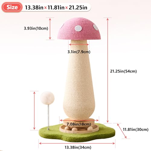 Mushroom Cat Scratching Post Cat Tree, 21.5‘’ H Cute Cat Scratcher Tower with Durable Solid Wood Turntable Toy, Baby Pink Mushroom Scratch Post Cat Sisal Scratcher with Catnip for Indoor Adult Cats - color: Pink Mushroom