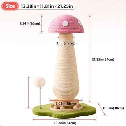 Mushroom Cat Scratching Post Cat Tree, 21.5‘’ H Cute Cat Scratcher Tower with Durable Solid Wood Turntable Toy, Baby Pink Mushroom Scratch Post Cat Sisal Scratcher with Catnip for Indoor Adult Cats - color: Pink Mushroom