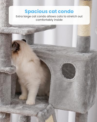 Hey-brother Cat Tree, 53 inch Cat Tower for Indoor Cats, Cat House with Padded Platform Bed, Toy Balls, Large Cozy Condo, Hammocks and Sisal Scratching Posts, Light Gray MPJ019-SW - color: Light Gray