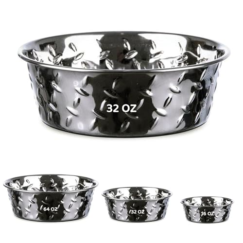 Palz&Co Stainless Steel Platinum Embossed Dog Bowl with Non Slip, No Spill Bottom - Food & Water Dish for Dog, Cat, Small Animals, Dishwasher Safe (Medium Large 32 oz) - size: Med/Lg 32 oz