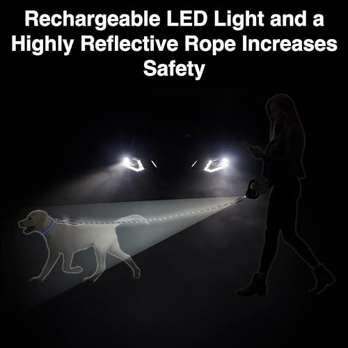 WIGZI Luna Dog Leash with Rechargeable LED Light No Batteries, Detachable Light, Liquid Filled Gel Comfort Handle, Reflective Heavy-Duty Rope, 6 Ft Length up to 200lb Dog, Black Color