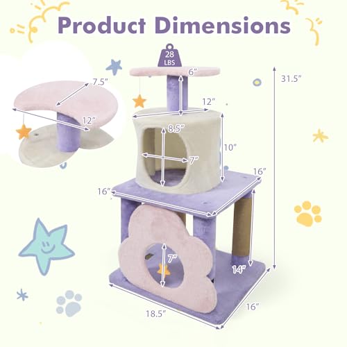 PETSITE 31.5-inch Cute Cat Tree, Multi-Level Small Cat Tree with Scratching Posts, Condo, Star-Shaped Dangling Toys, and Top Perch, Star, Moon & Cloud Elements Mixed, Ideal for Indoor Cats (Purple) - color: Purple