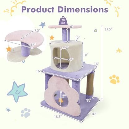 PETSITE 31.5-inch Cute Cat Tree, Multi-Level Small Cat Tree with Scratching Posts, Condo, Star-Shaped Dangling Toys, and Top Perch, Star, Moon & Cloud Elements Mixed, Ideal for Indoor Cats (Purple) - color: Purple