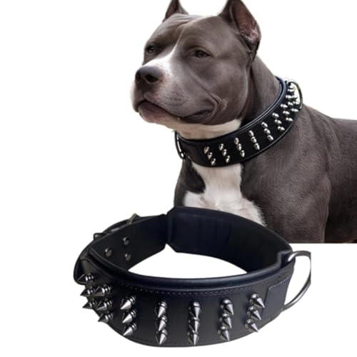 Luxury Leather Spike Dog Collar, Double-Layer Soft Cowhide, Punk Style for Medium and Large Dogs, Pit Bulls, Rowena (Black,XL-Neck 49-57cm) - color: Black, size: XL-neck 49-57cm