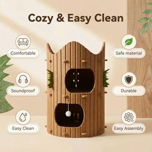 2-Tier Felt Cat House Thickened Felt Cat Cave House with Hanging Toy Ball, Enclosed Sleeping Nest for Cats, Indoor Pet Rest & Play Hut (Brown)