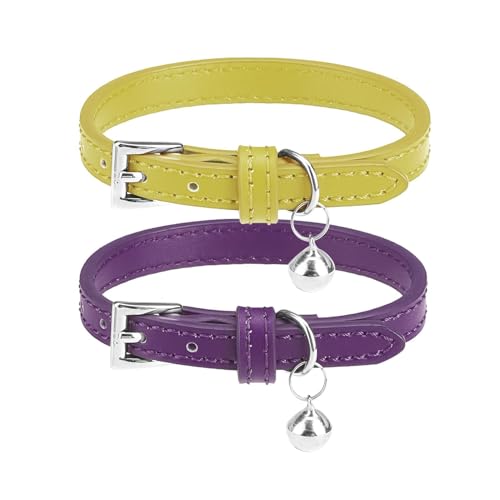 PUPTECK 2 PCS Soft Genuine Leather Cat Kitten Collar with Bells Adjustable for Girl Boy Cats Puppy - Yellow Green, Deep Purple - color: Yellow Green & Deep Purple