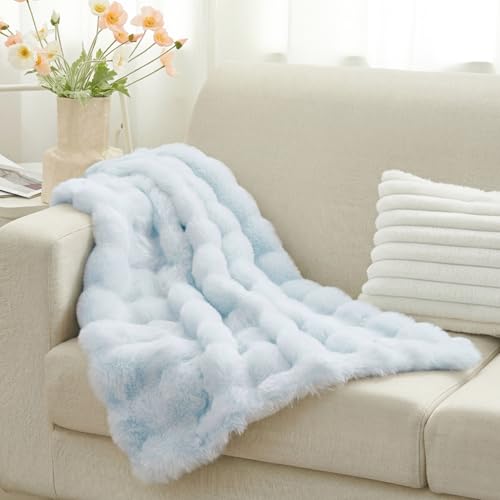 Leximan Cozy Faux Fur Throw Blanket for Couch, Reversible Plush Fluffy Decorative Bubble Throw for Sofa and Living Room, Soft Lap Blanket for Bed, Dog & Cat (Light Blue, 30''x40'') - color: Light Blue, size: 30''x40''