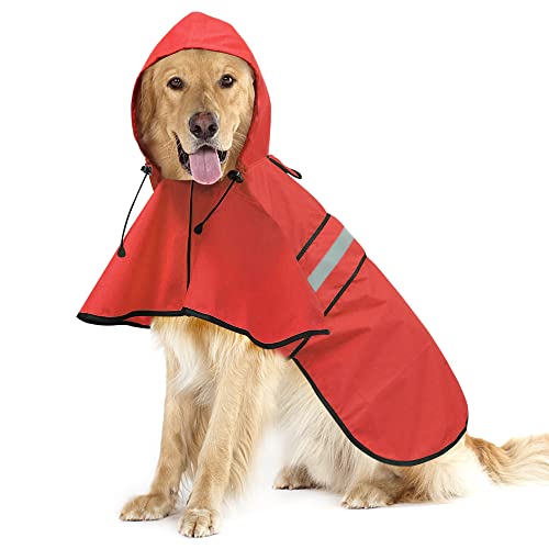 Waterproof Reflective Dog Raincoat - Adjustable Hooded Slicker Poncho Pet Rain Coat, Lightweight Dog Rain Jacket for Small to X- Large Dogs and Puppies (Red, Large) - color: Red, size: Large