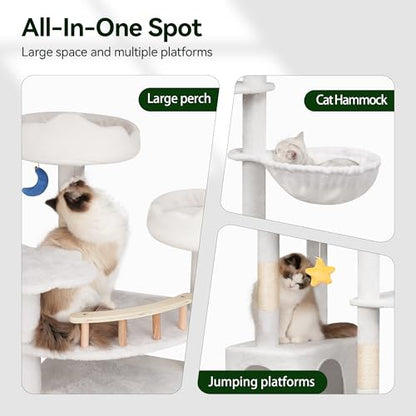 Meecal 79in Tall Cat Tower for Heavy Duty Big Cats, Large Cat Tree with Scratching Post, Plush Perches, Cozy Cat Condos & Hanging Hammocks for Maine Coon, White - color: White