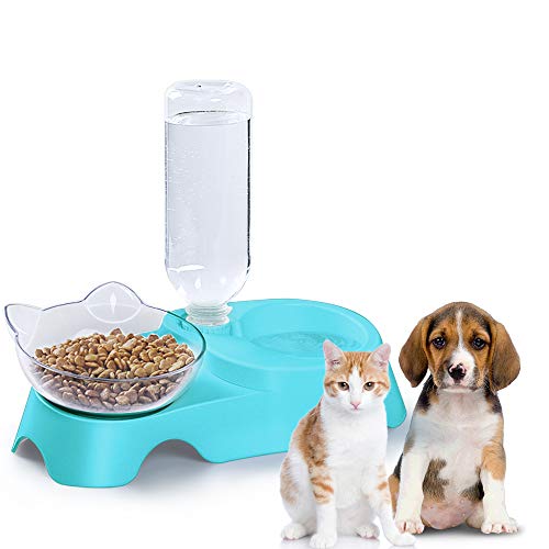 MILIFUN Double Dog Cat Bowls - Pets Water and Food Bowl Set, 15°Tilted Water and Food Bowl Set with Automatic Waterer Bottle for Small or Medium Size Dogs Cats - color: Blue