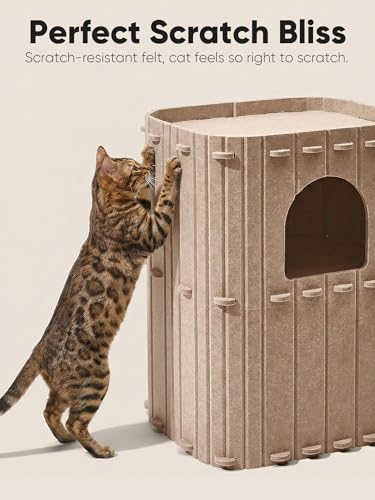 FUKUMARU Cat House for Indoor Cats, 23.62 Inch Large Cat Bed Cave Condo, 2-Storey Cozy Felt Covered Cats Tunnel Kitten Hideaway for Multicats, Scratch Resistant, Beige