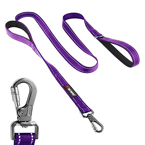 Tuff Pupper Heavy Duty Double Handle Leash | Twist Locking Carabiner Clip | Safety Lock for Strong Dogs | Reflective for Safe Night Walks | 6 Foot Leash | For Medium & Large Dogs - color: Purple