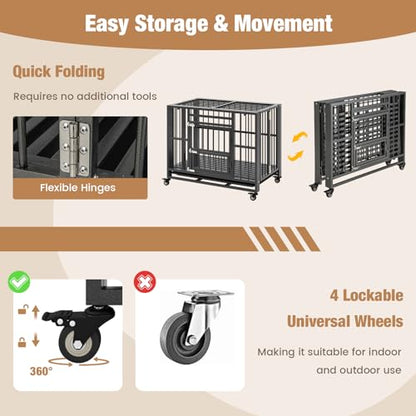 PETSITE 37 Inches Foldable Metal Dog Crate, Heavy Duty Dog Cage with 3 Lockable Doors, Removable Tray, 4 Lockable Universal Wheels, Indoor or Outdoor Dog Kennel for Small Medium Sized Dogs
