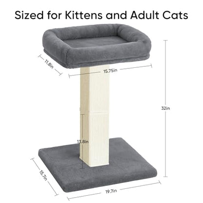 Cat Scratching Post, 32”Cat Scratcher with Large Plush Perch, Sisal & Carpet Scratching Post, Vertical Posts with Elevated Bed for Indoor Cats, Removable& Washable Cover, Grey - color: Grey with Bed
