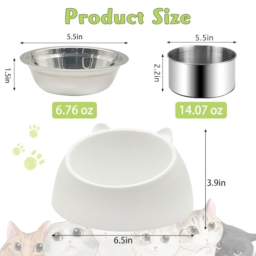 Hamiledyi Raised Cat Bowls 4 PCS - 15° Tilted Elevated Stainless Steel Food & Water Bowls for Anti-Vomiting, Spill Proof - Detachable Pet Dish Set for Cats/Kittens Feeding (Black+White, 200+400 ML)