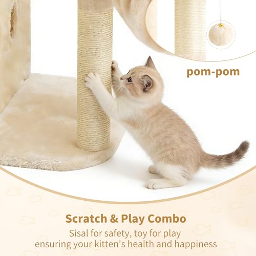 Heybly Cat Tree, 25.6-inch Cat Tower with Spacious Top Perch for Large Cats, Stair-Style Cat House Furniture with Dual-Layer Condos, Sisal Scratching Posts, Cozy Basket & Pompom, Beige HCT204SM - color: Beige, size: 25.6 inch