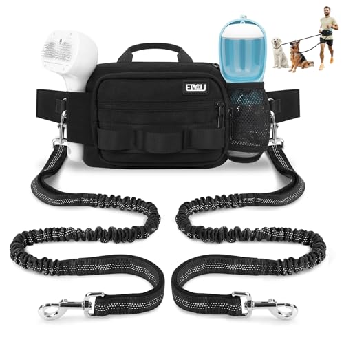 Hands Free Dog Leash with Zipper Pouch, Waist Belt for Large Medium 2 Dogs for Running, Walking, Jogging and Hiking, Dual Padded Handles and Durable Bungee - Black (2 Dog) - color: 2 Dog Black