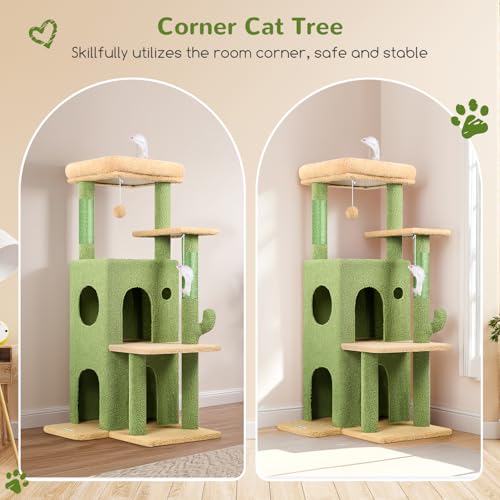Globlazer Cactus Cat Tree Tower for Indoor Cats, 50-inch Adult Cat Tree House for Large Adult Cats with Steps, Scratching Post, 2 Cat Caves, Dangling Toys, FC50, Green - color: Cactus