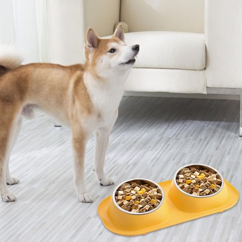 awakentti Double Dog Bowl, Stainless Steel Dog Bowl with No Spill No Skid Silicone Mat,Not Easy to Break, Pet Bowls & Dog Water Bowls for Small Puppies, Cats, Dogs and Medium Pets (Yellow) - color: Yellow