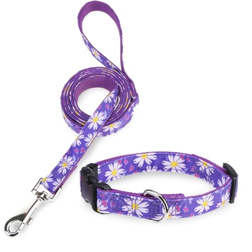 Dog Collar and Leash Set, Adjustable Dog Collars for Small Medium Dogs Boys Girls, Soft Durable Nylon Collar and Matching Leash, Cute Puppy Collars,Purple - color: Purple flower, size: Small(Neck:11.8"-16.2")