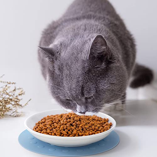 Ceramic Cat Food Plates for Wet Food, Wide Bowls to Stress Relief of Whisker Fatigue Cat Dishes, Shallow Bowls for Kittens and Small Animals with Non-Slip Mat