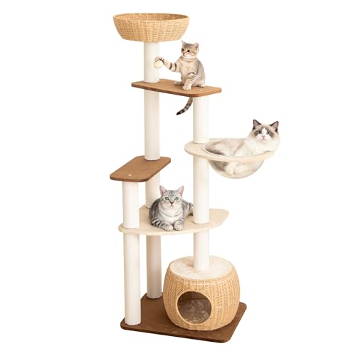 Modern Cat Tree for Large Cat, 57-Inch Tall Cat Tower with Scratching Post for Indoor Cats, Multi-Level Cat Condo with Hand-Woven Cat Bed and Acrylic Bowl (White 81007DD) - color: Brown 81007D